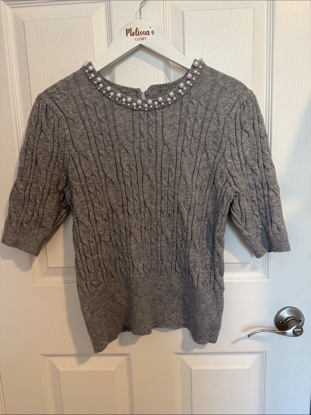 Adrianna Papell Gray Pearl-Embellished Cable Knit Sweater size L